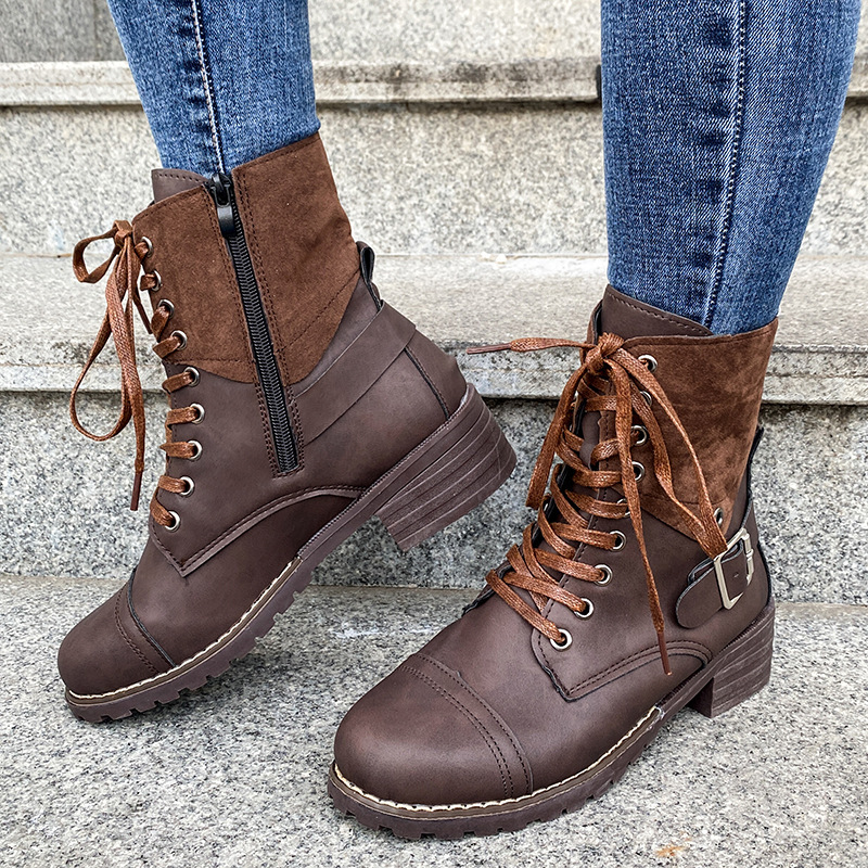 Lace-up Boots Winter Buckle Cowboy Boots Women Low Heel Shoes – Bild 5