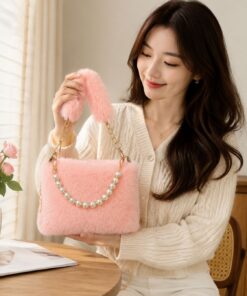 Pearl Exclusive Design Faux Fur Bag For Women, New Fashionable Versatile Little Black Dress Style Single Shoulder Crossbody Bag - Pink