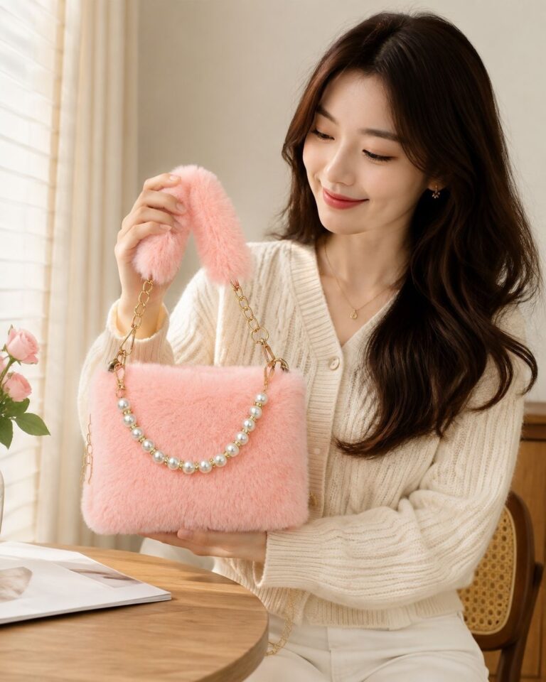 Pearl Exclusive Design Faux Fur Bag For Women, New Fashionable Versatile Little Black Dress Style Single Shoulder Crossbody Bag - Pink