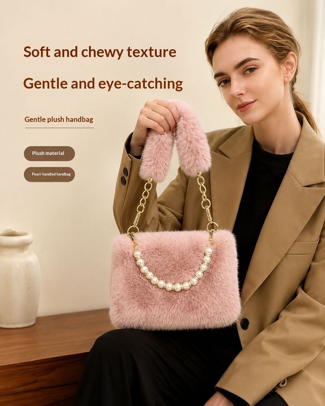 Pearl Niche Design Fur Bag Women's New Casual Fashion Little Chiffon Bag Single Shoulder Underarm Bag - Mauve