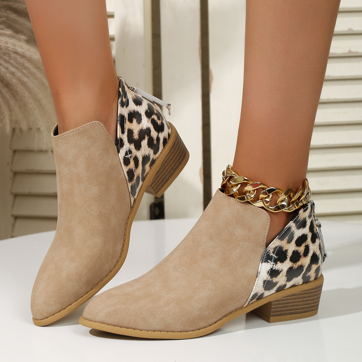 Fashion Leopard Print Boots Women Pointed Toe Chunky Heel Back Zipper Shoes - Image 4