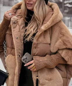 Alternative view of Women's Loose Cotton Coat Faux Fur Patchwork Winter Coat Comfort Chic Long Sleeve Hooded Jacket