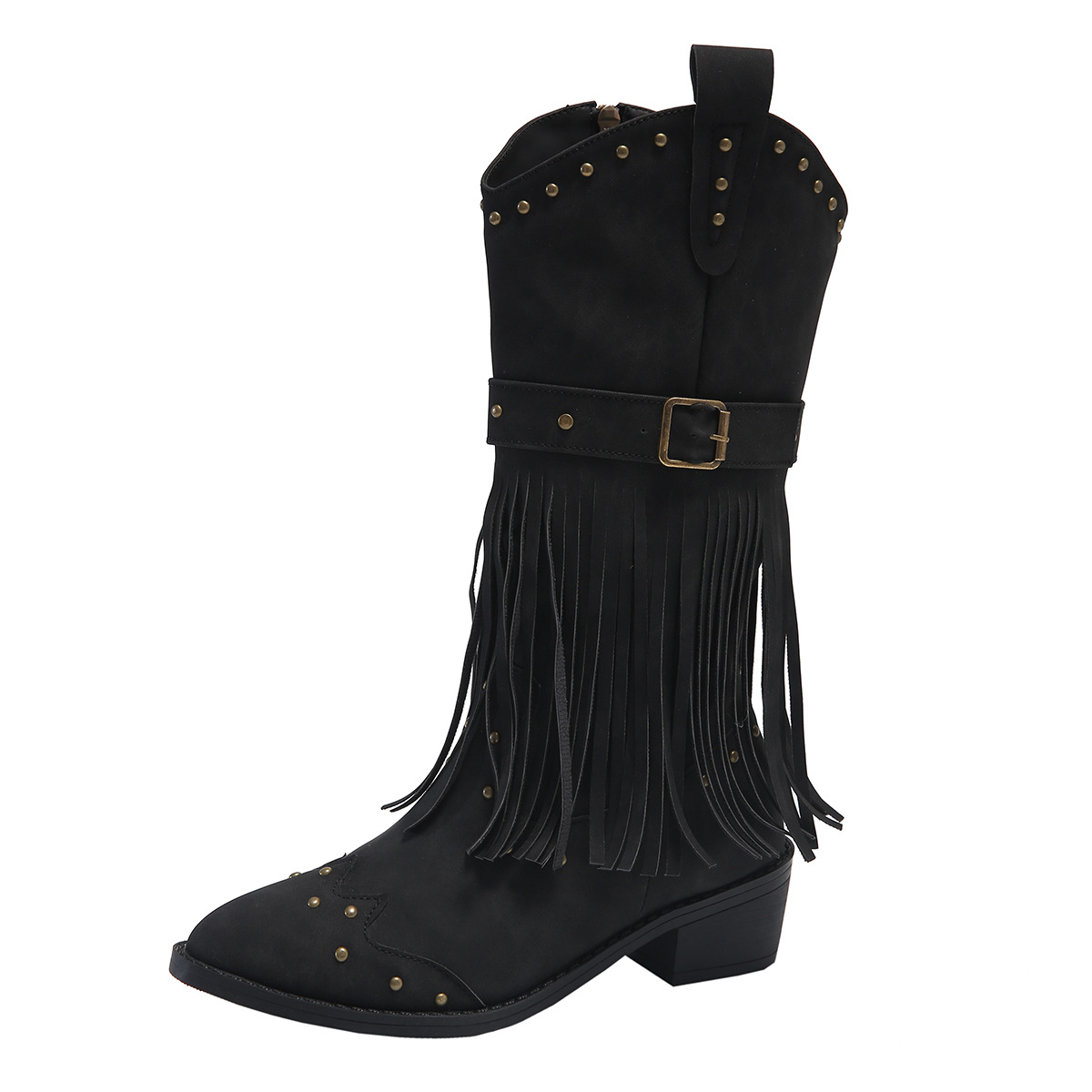 Retro Tassel Boots With Rivet Strap Buckle Design Shoes For Women Winter Footwear Fashion Mid-calf Square Heel Knight Western Boots – Bild 7