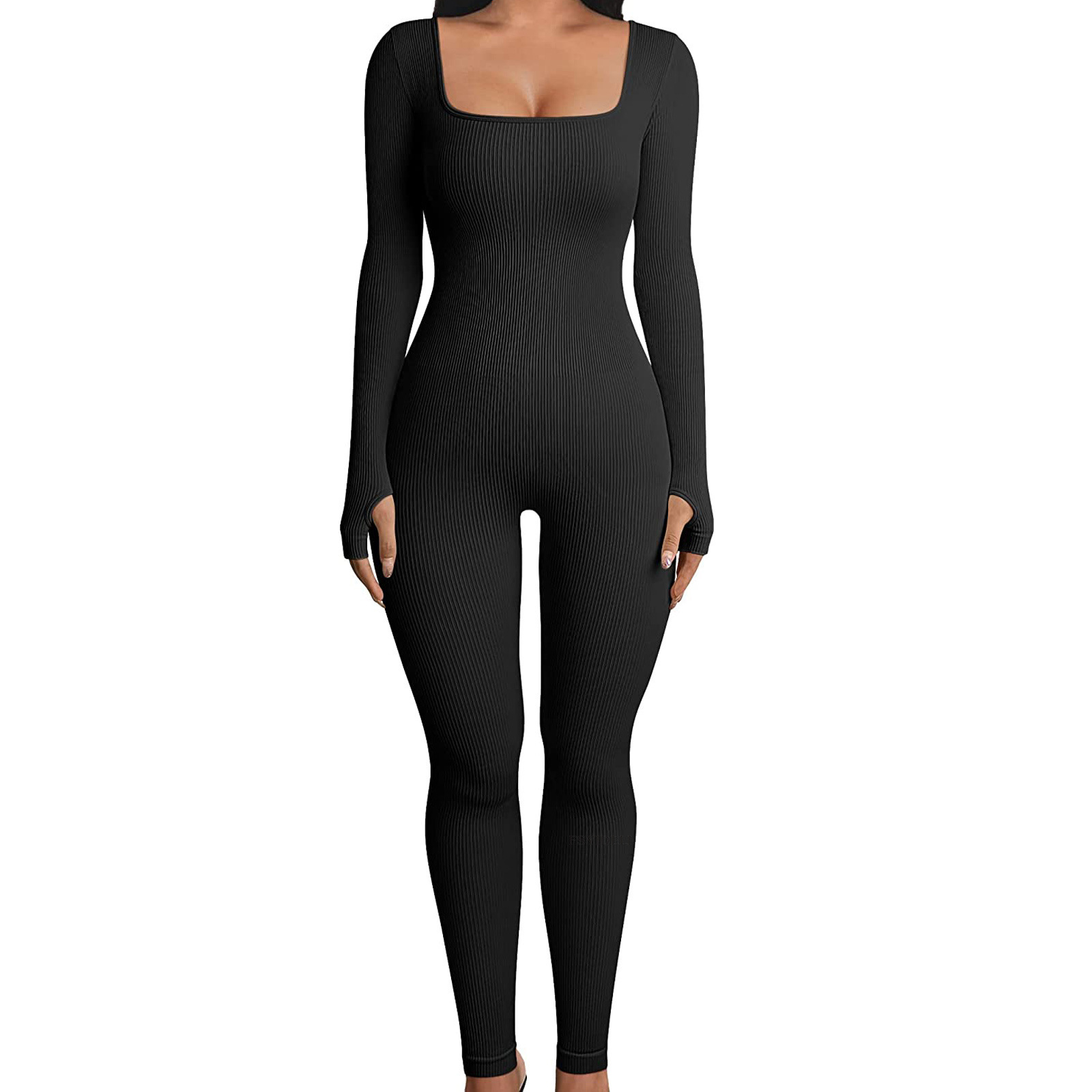 Threaded Square Collar Buttocks Slim Jumpsuit - Image 4