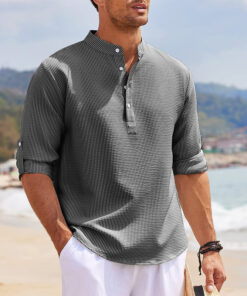 Alternative view of Men's Casual Shirt  Long Sleeve Stand Collar Solid Color Shirt Mens Clothing