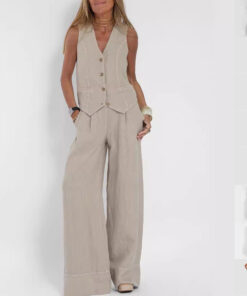 Summer Vest Suits V-neck Botton Sleeveless Top And Loose Straight Trousers Casual Womens Clothing