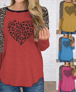 Liebe Druck Frauen T-shirts Mode Leopard Print Splicing Langarm Oansatz Kleidung Vetement Femme Casual Weibliche Tunika Roupas