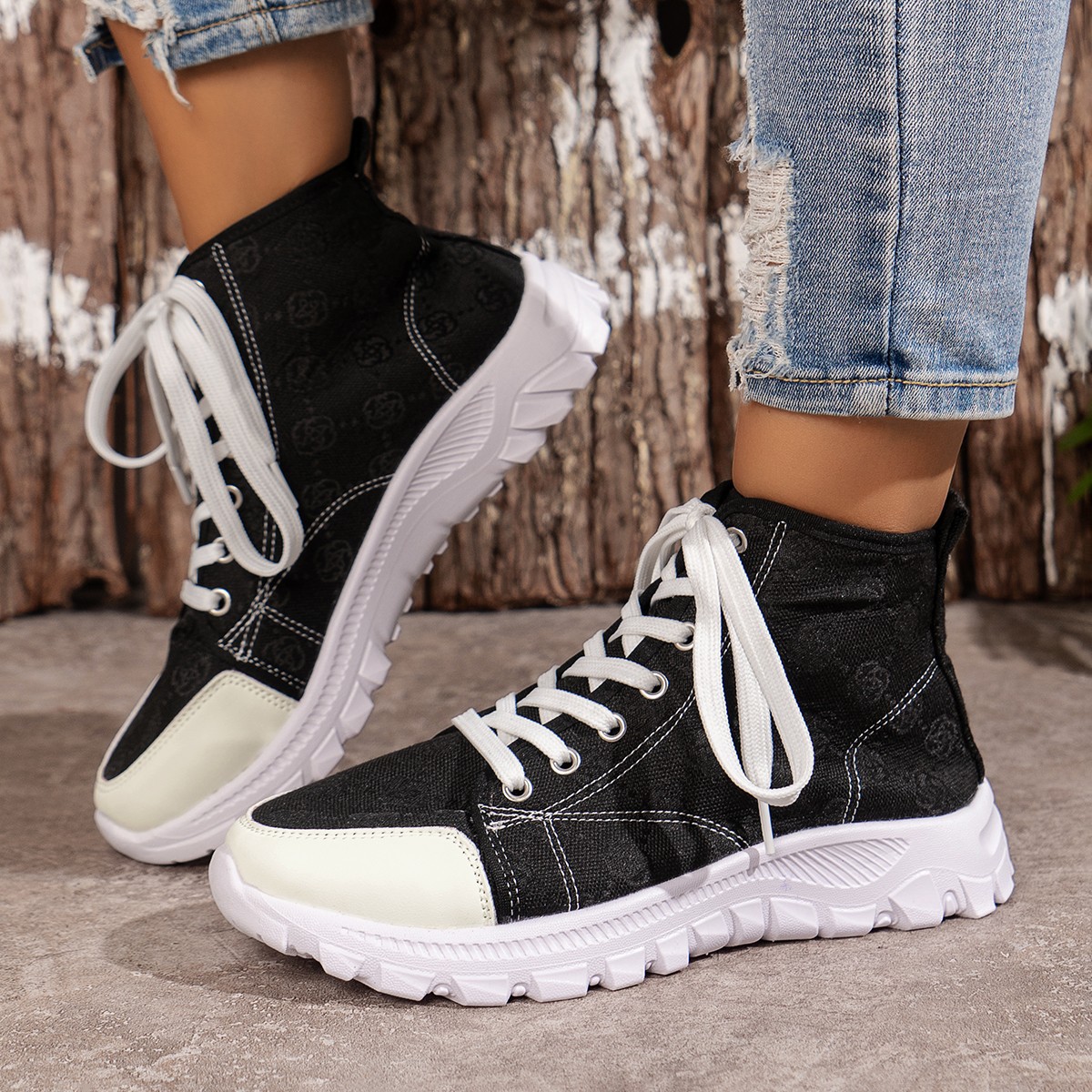 Rose-printed Lace-up Boots Fashion Breathable Canvas Shoes Sports Casual Non-slip Thick-soled Short Boot For Women - Image 2