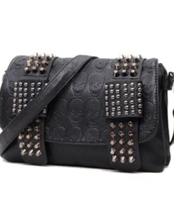 Fashion Women Black Leather Messenger Bags Fashion Vintage Messenger Cool Skull Rivets Shoulder Bags