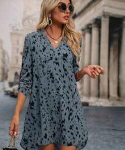 Alternative view of Allover Print Roll Up Sleeve Dress Ladies Casual High Low Long Sleeve V Neck Regular Fit Short Apricot Roll Up Sleeve All Over Print Tunic Women Short Dresses