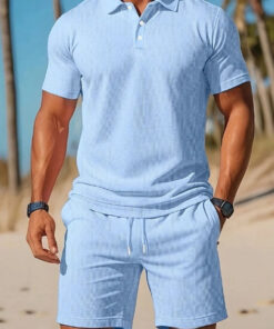 Men's Casual Beach Mesh Lapel Set Summer Comfortable Breathable Loose Solid-Color Sports Short-Sleeved Shirt And Shorts Set