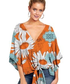 Alternative view of New V Neck Blouse Women Leopard Print Shirts Floral Tie Front Blouses Batwing Summer Oversize Ladies Tops