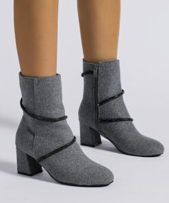 Chunky Mid Heel Boots With Rhinestone Chain Design Shoes For Women