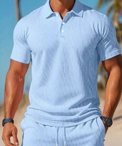 Alternative view of Men's Casual Beach Mesh Lapel Set Summer Comfortable Breathable Loose Solid-Color Sports Short-Sleeved Shirt And Shorts Set