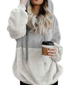 Women Casual Plush Hoodies Zipper Patchwork Hooded Drawstring Sweatshirt Autumn Winter Lady Hooded Warm Loose Tops