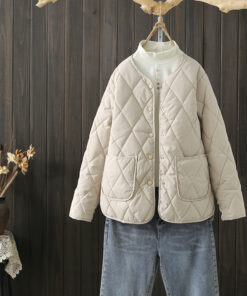 Winter Rhombus Sewing Coat With Pockets Warm Round-neck Button Jacket Lightweight Outerwear For Women's Clothing