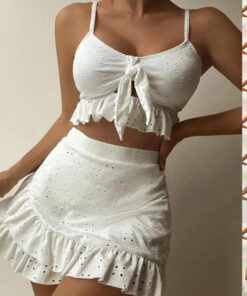 3pcs Beach Bikini With Hip-hugging Skirt Fashion Ruffle Design Swimsuit Set Summer Womens Clothing