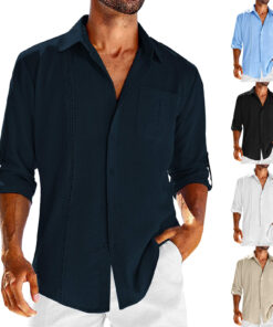 Casual  Long Sleeve Shirt With Pocket Lace Polo Collar Solid Color Button Mens Clothing