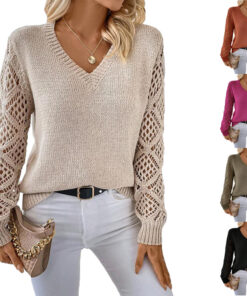 Solid V-neck Pullover Sweater With Hollow Long Sleeve Fashion Tops For Women Clothing