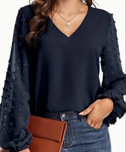 Swiss Dot V Neck Shirt - Soft, Breathable, Casual Solid Shirt For Spring And Fall Season, Women's Clothing With Relaxed Fit And Classic Style