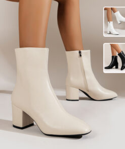 Chunky Heel Pointed Toe Boots With Side Zipper Fashion Mid-calf Boot For Women Shoes