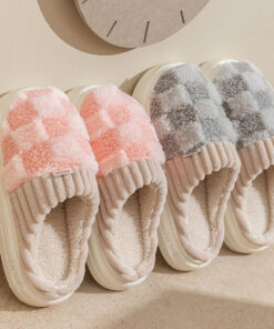 Plaid Plush Slippers Women's Indoor Plush Home Slippers Soft Sole Thick Non-Slip Warm House Shoes Couple Autumn And Winter