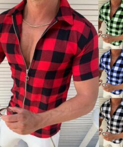 Plaid T Shirt Mens Zipper Short Sleeve Shirts Summer Men Clothing