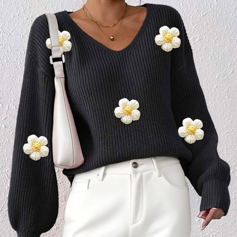 Pullover Hand-knitted Floral 3D Patchwork Deep V-neck Sweater