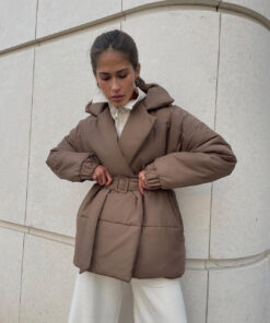 Alternative view of Winter Lapel Waisted Cotton Coat Fashion Solid Color Slim Overcoat Womens Clothing