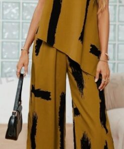 Women's Printed Round Neck Sleeveless Top And Long Pants Set