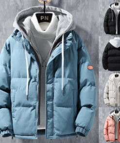 Fashion Hooded Jacket Men Winter Windproof Thickened Fake Two-piece Coat Solid Leisure Sports Cotton Jacket