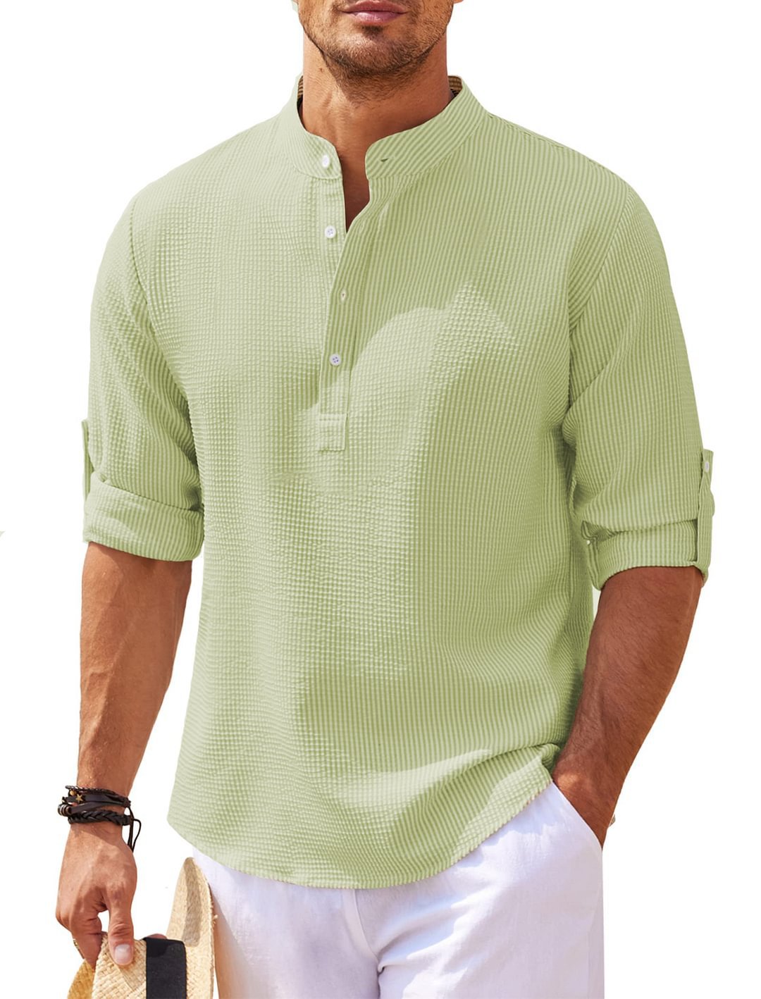Men's Casual Shirt Long Sleeve Stand Collar Solid Color Shirt Mens Clothing - Image 7