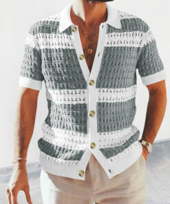 Alternative view of Summer Luxury Fashion New Knitted Shirt Men's Polo Neck Short Sleeve Colored Hollow Breathable Cardigan Men's Top Coat