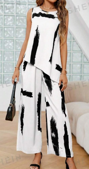 Women's Printed Round Neck Sleeveless Top And Long Pants Set - Image 2