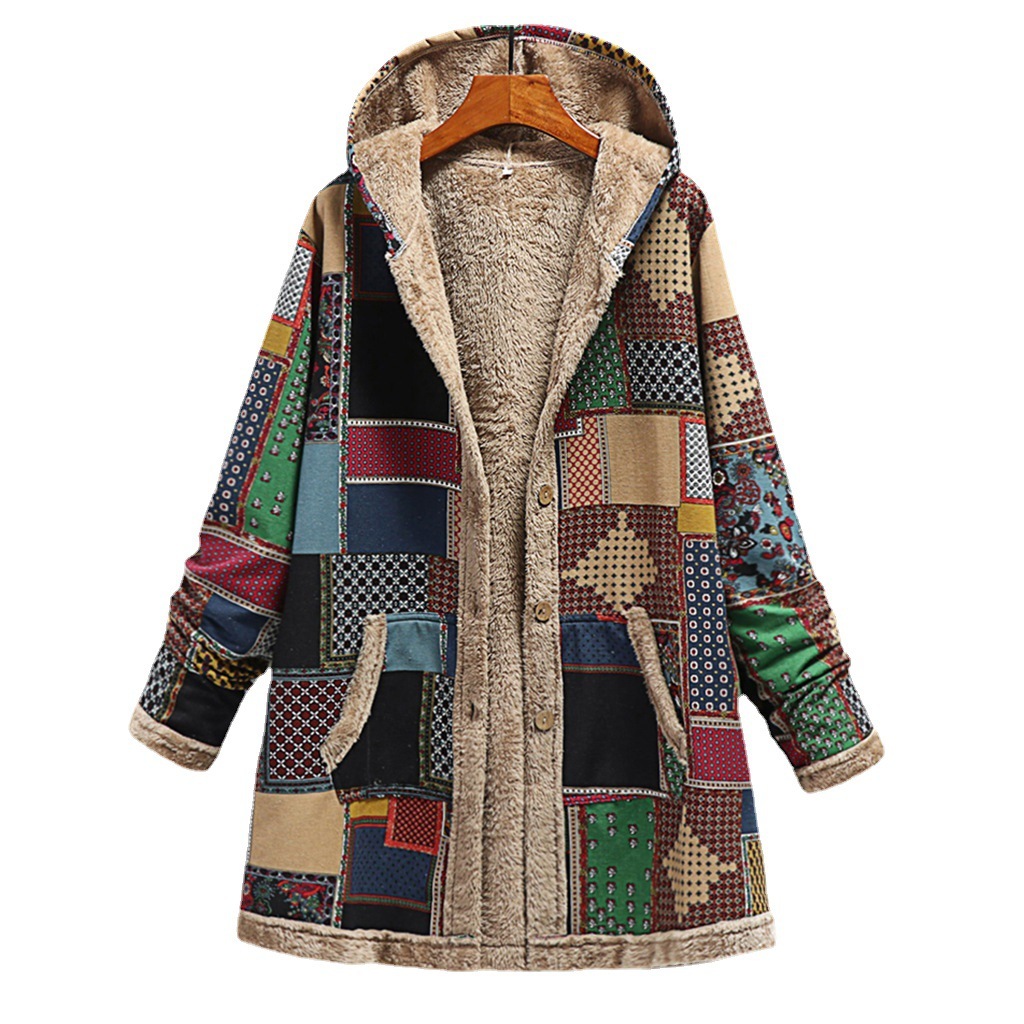 Cotton And Linen Printed Hoodie Warm Plush Coat - Image 2