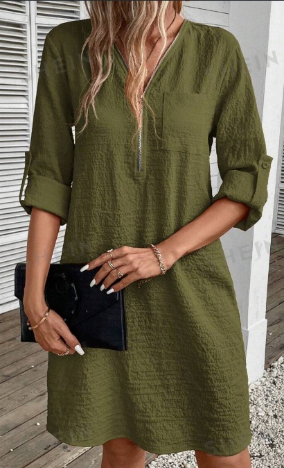 Textured Zipper Half-Buttoned Dress With Patch Pockets - Image 3