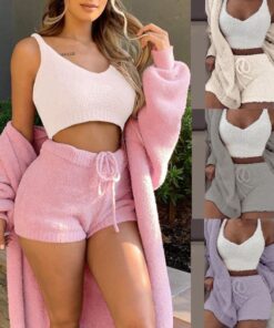 Winter Sexy Women Home Wear Suit Casual Pajamas Set Lady Female Soft Warm Long Sleeve Exposed Navel Vest Shorts Set