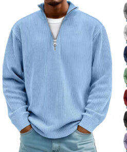 Corduroy Zipper Stand Collar Sweatshirt Fashion Warm Solid Color Long Sleeve Top Men's Casual Polo Shirt Clothing