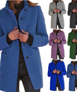 Fashion Stand Collar Woolen Coat With Pockets Fall Winter Casual Button Outwear For Women Clothing