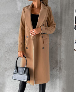 Double Breasted Lapel Coat Winter Fashion Solid Slim Long Jacket Long Sleeve Tops Womens Clothing