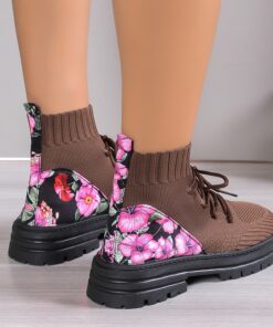 Alternative view of Flowers Print Sock Boots Knitted Mesh Shoes Breathable High-top Elastic Slip-on Shoes For Women Autumn Winter Ankle Boots