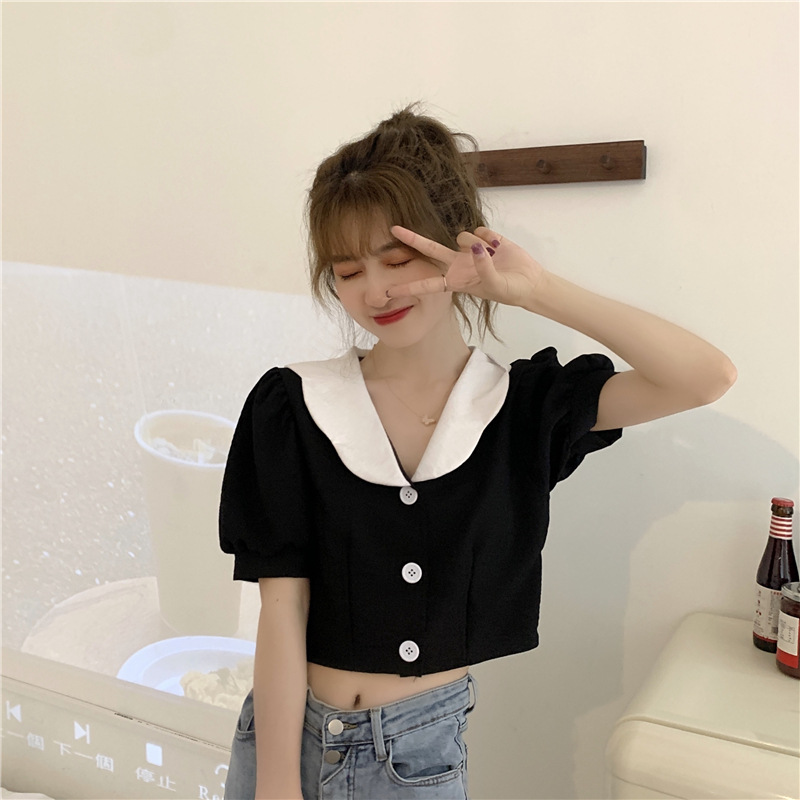 Women''s Clothing Short Sleeve Net Red Foreign Style Versatile Short Bubble Sleeve Sweater - Image 2