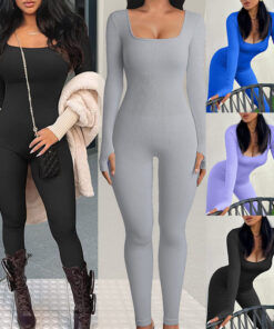 Threaded Square Collar Buttocks Slim Jumpsuit