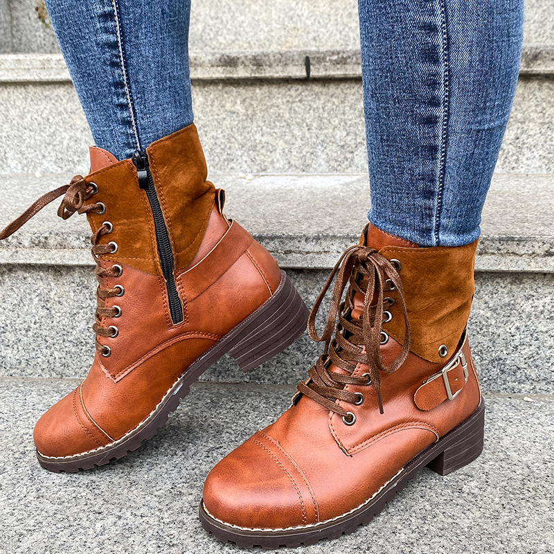 Lace-up Boots Winter Buckle Cowboy Boots Women Low Heel Shoes – Bild 7