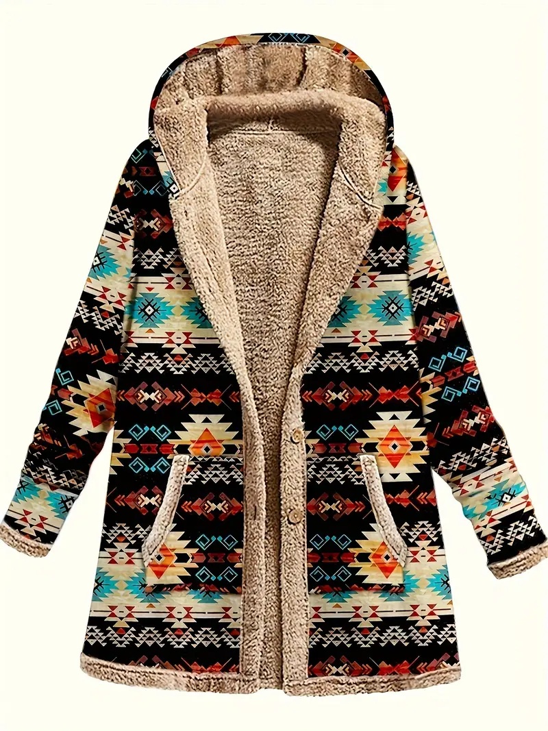 Cotton And Linen Printed Hoodie Warm Plush Coat - Image 3