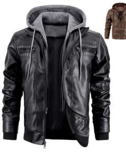 Hooded Jacket With Zipper Pockets Fashion Warm Pu Leather Coat Mens Clothing