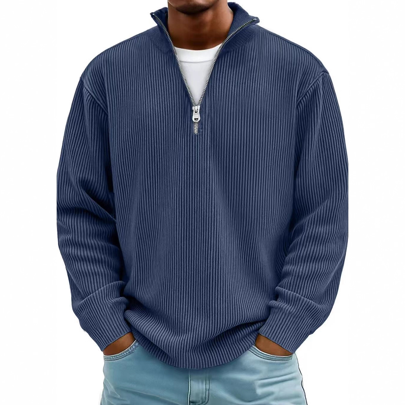 Corduroy Zipper Stand Collar Sweatshirt Fashion Warm Solid Color Long Sleeve Top Men's Casual Polo Shirt Clothing - Image 4