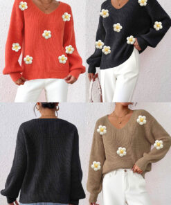 Alternative view of Pullover Hand-knitted Floral 3D Patchwork Deep V-neck Sweater