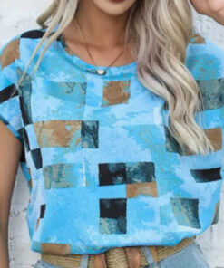 Women's Chic Geometric Aztec Print T-Shirt - Casual Crew Neck, Durable Non-Stretch Fabric, Ideal For Summer Wear