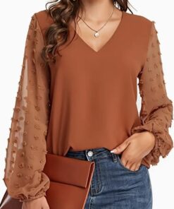 Alternative view of Swiss Dot V Neck Shirt - Soft, Breathable, Casual Solid Shirt For Spring And Fall Season, Women's Clothing With Relaxed Fit And Classic Style